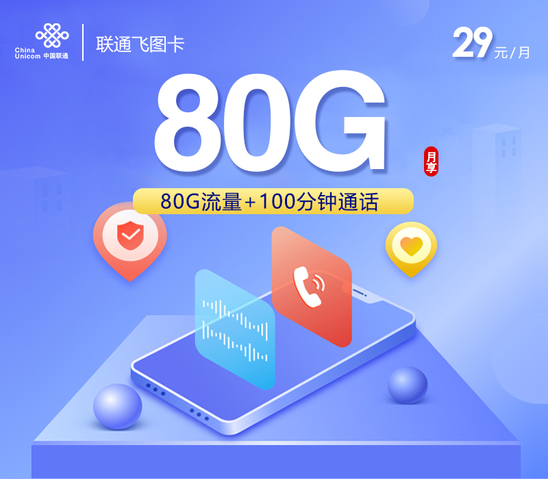172号卡官方发布：联通飞图卡【29元80G流量+100分钟】